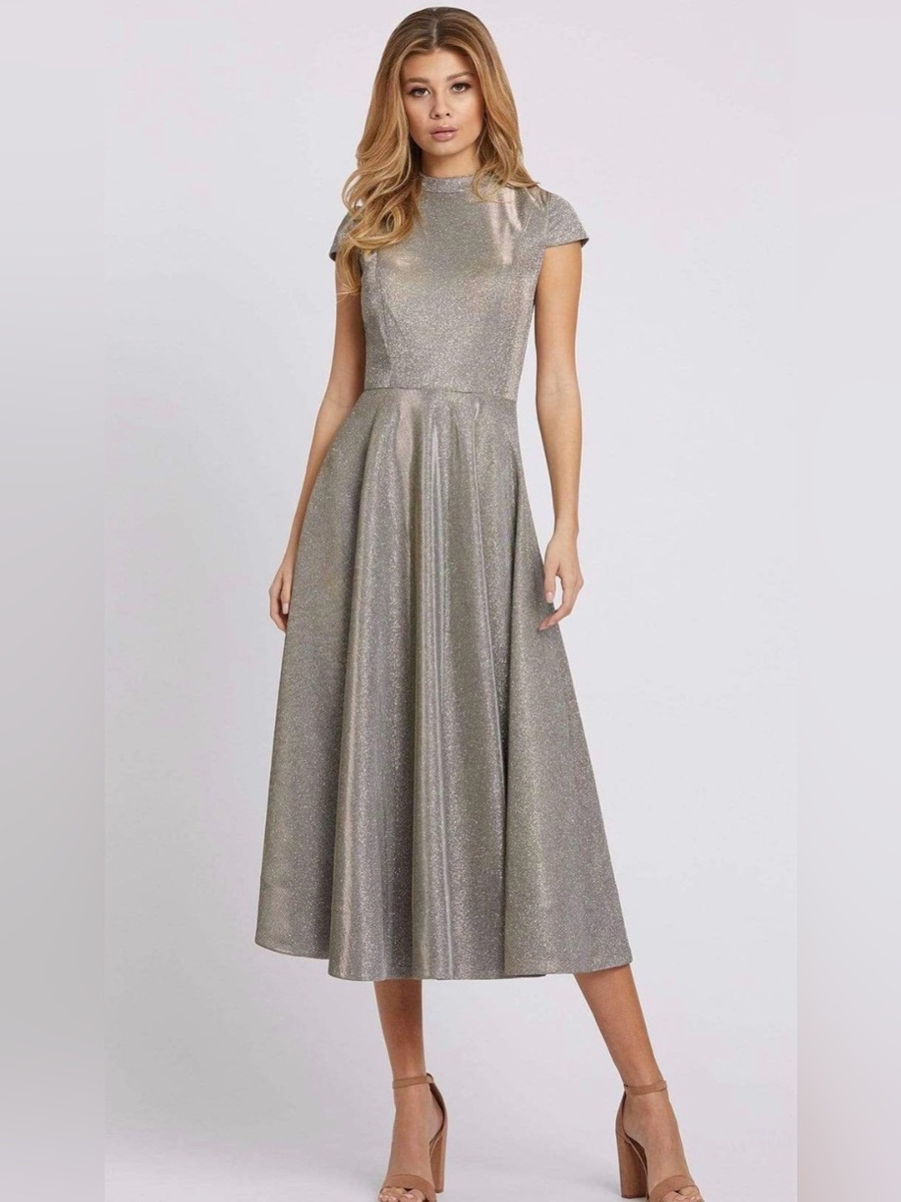 Ieena Duggal - 26151 Tea Length Metallic Glitter A-Line Dress